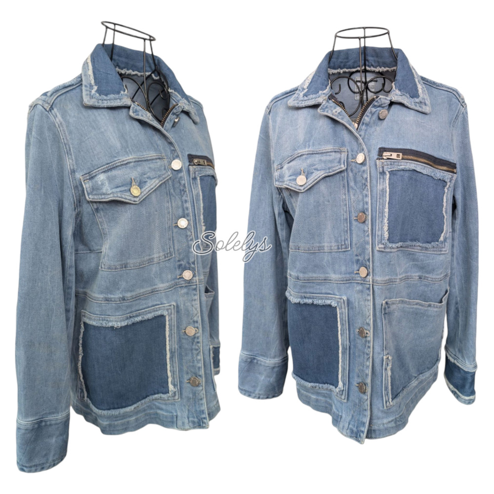 Zadig & Voltaire Kick Destroy Distressed Pocket Patchwork Blue Jean Denim Jacket